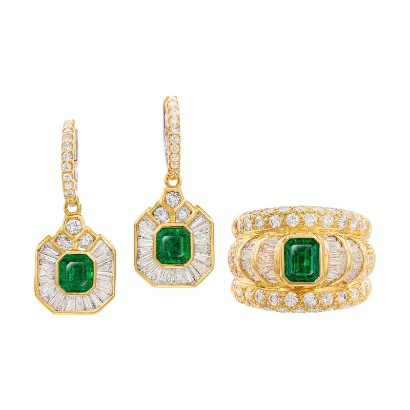 Gold, Colombian Emerald and Diamond Ring and Earring Set