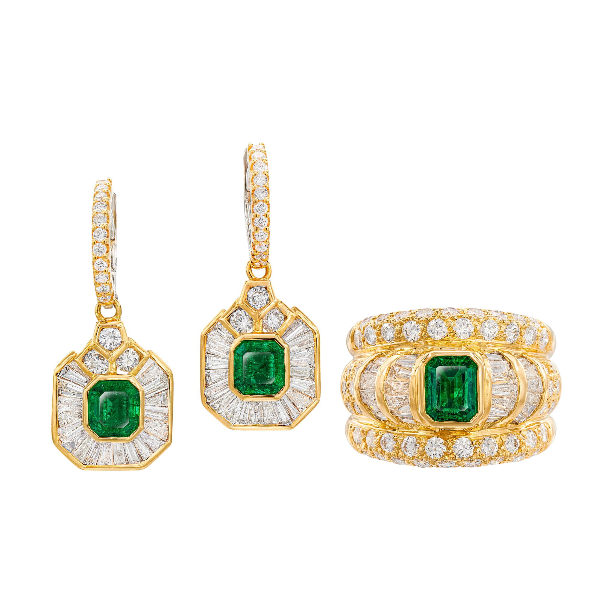 Gold, Colombian Emerald and Diamond Ring and Earring Set — view 1
