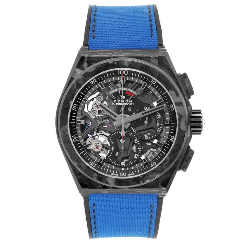 Zenith Defy El Primero (المرجع 10.9000.9004). ساعة يد من black carbon بقطر 44mm، بحركة أوتوماتيكية، مع كرونوغراف واحتياطي الطاقة. 2020