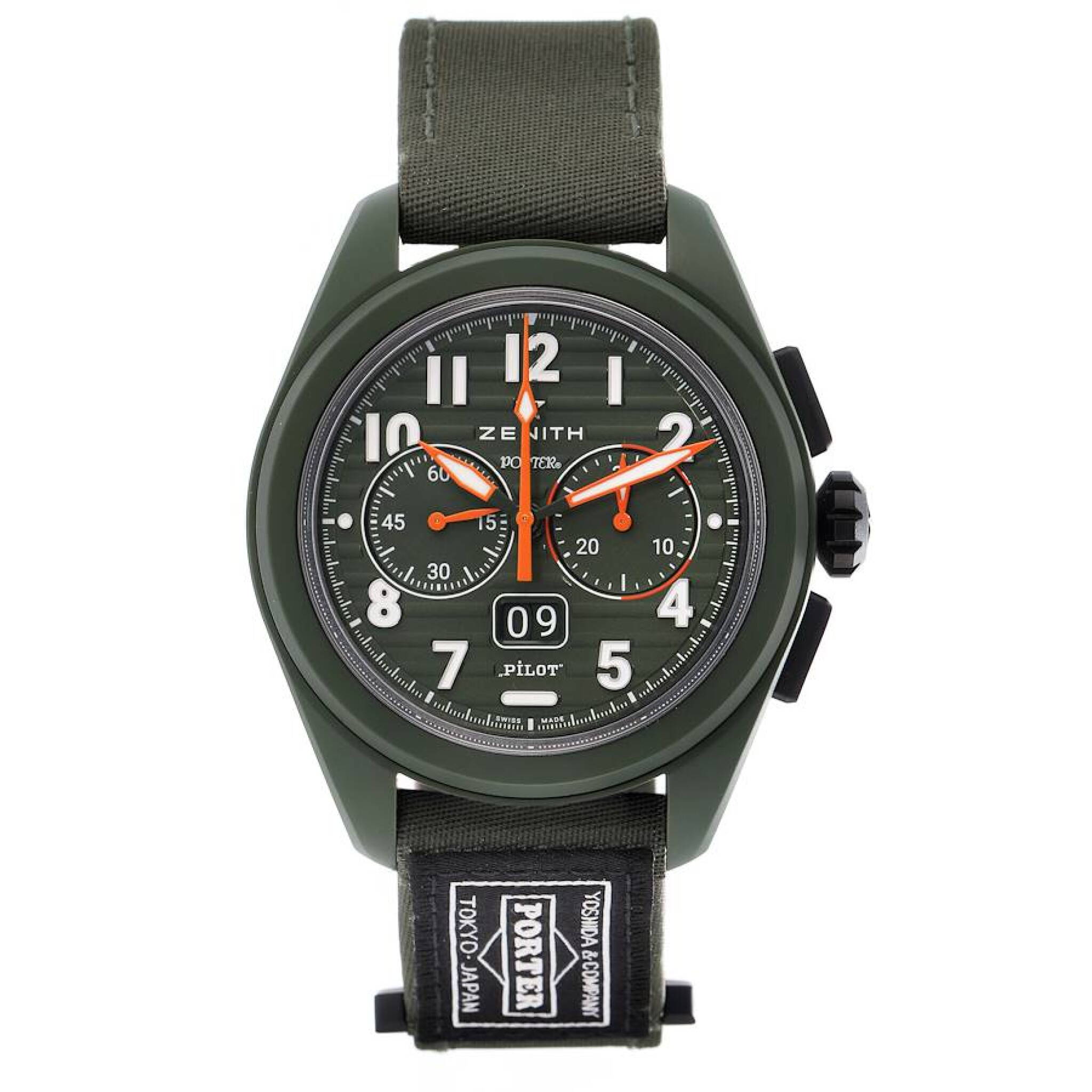 Zenith Pilot Big Date Flyback Porter (Reference 49.4001.3652). A 42mm unworn green ceramic automatic wristwatch with date and flyback chronograph. 2024 — view 1